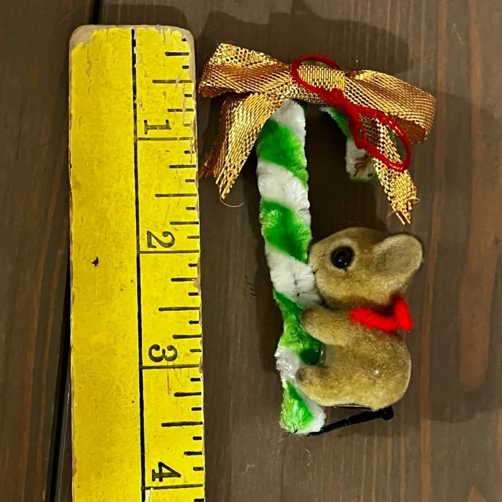 3 Vintage Mice Ornaments Flocked Plastic Boy Girl on Present Mouse w/candycane